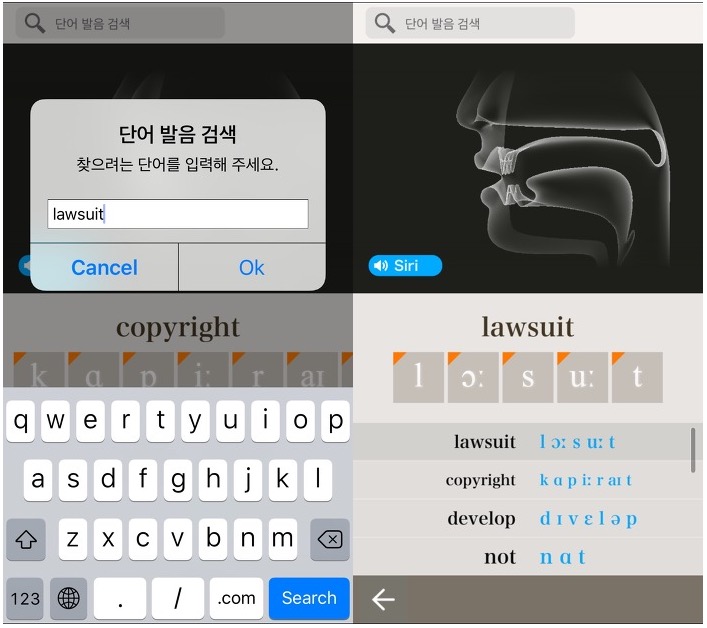 iOS 영어발음 어플 The Phonetics 에서는 단어를 직접 입력해서 들어 볼 수 있어요