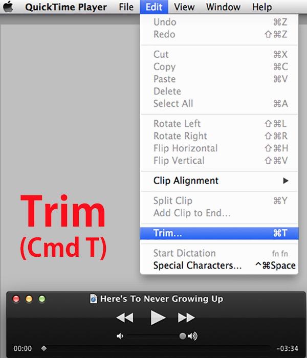 맥 퀵타임 편집 메뉴에서 다듬기... 선택