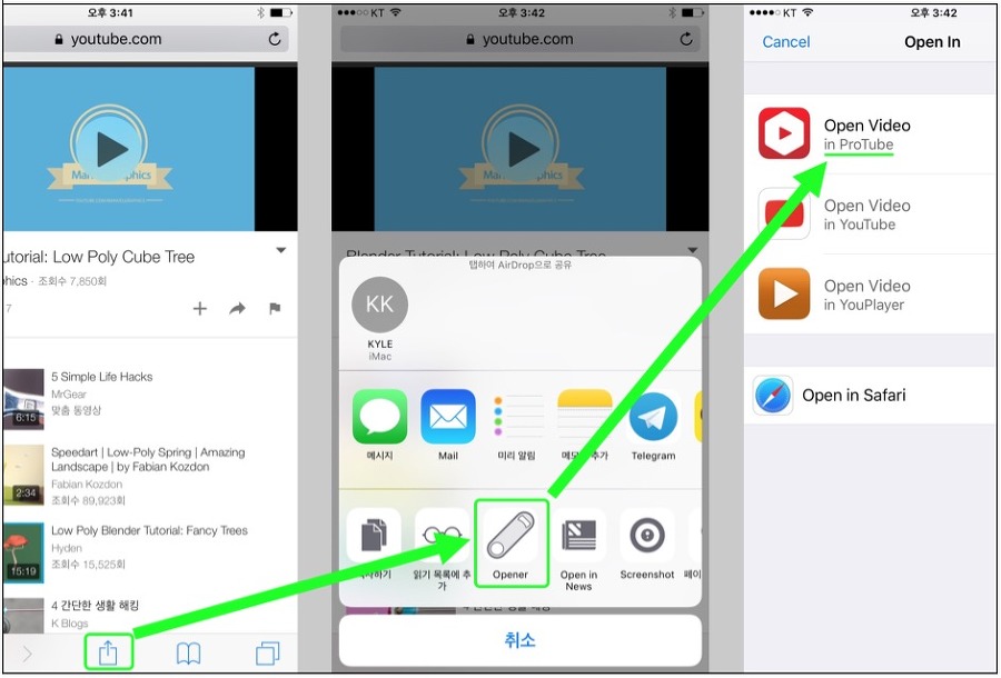 사파리에서 Protube 공유메뉴로 열기