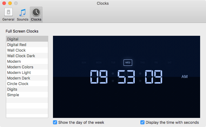 환경설정 Clocks 탭에서는 전체화면 실행시 나타나는 시계의 테마를 선택가능합니다
