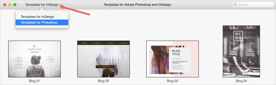 Mac 인디자인용 템플릿 모음과 포토샵용 템플릿 카테고리로 구분됨